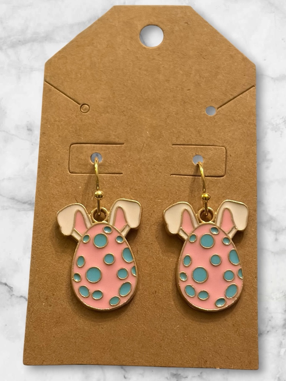 Pink Bunny Egg Dangle Earrings with Teal Polka Dots